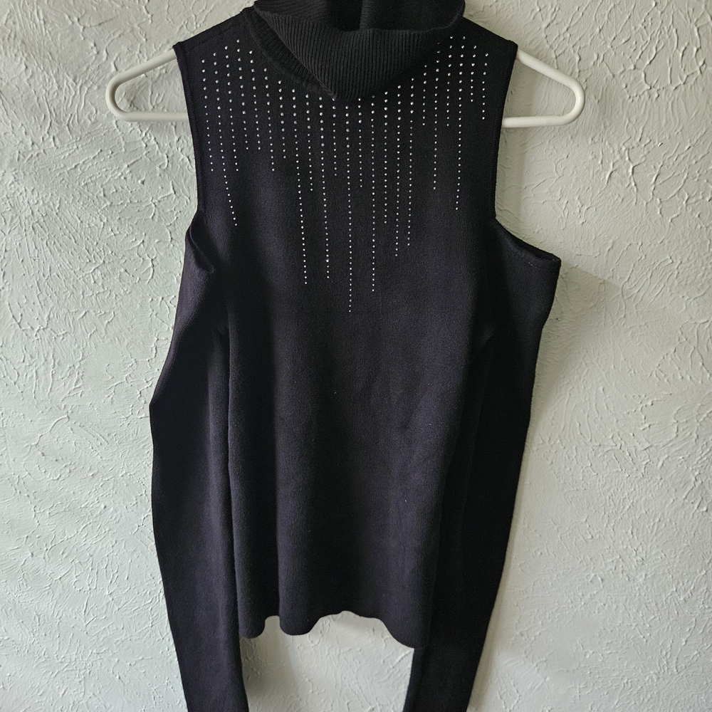 Black Long Sleeved Cut Off Shoulder Turtleneck Top with Rhinestone Details